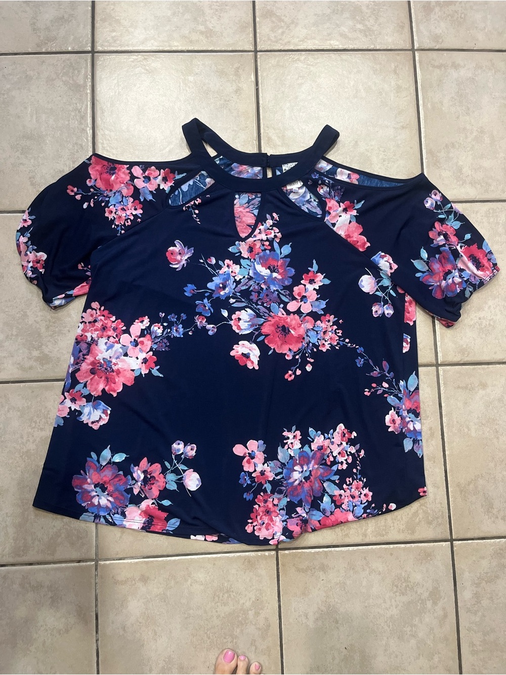 NAIF Navy Floral Cold-Shoulder Top with Keyhole